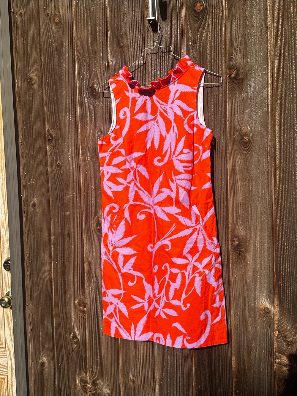 Tyler Boe Bright Red Shift Dress with Pink Leaf Pattern